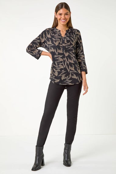 Roman Beige Textured Abstract Print V-Neck Stretch Shirt