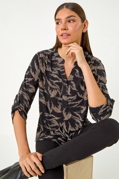 Roman Beige Textured Abstract Print V-Neck Stretch Shirt