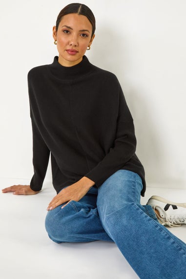 Roman Black Ribbed High Neck Knit Jumper