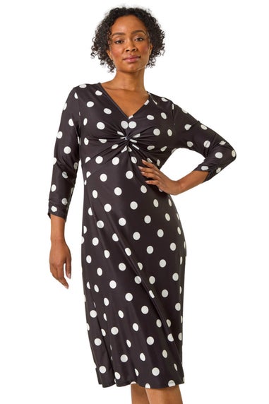 Roman Black Petite Spot Twist Front Midi Dress