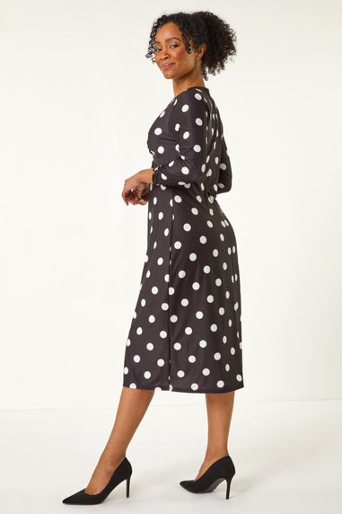 Roman Black Petite Spot Twist Front Midi Dress