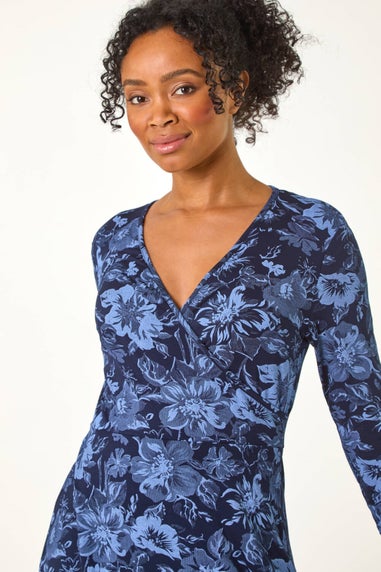 Roman Blue Petite Shadow Floral Wrap Stretch Dress