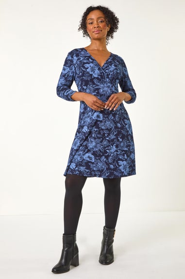 Roman Blue Petite Shadow Floral Wrap Stretch Dress