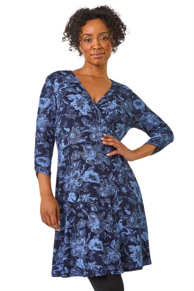 Roman Blue Petite Shadow Floral Wrap Stretch Dress