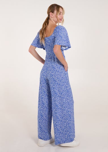 Blue Vanilla Blue Square Neck Shirred Waist Angel Sleeve Wide Leg Jumpsuit