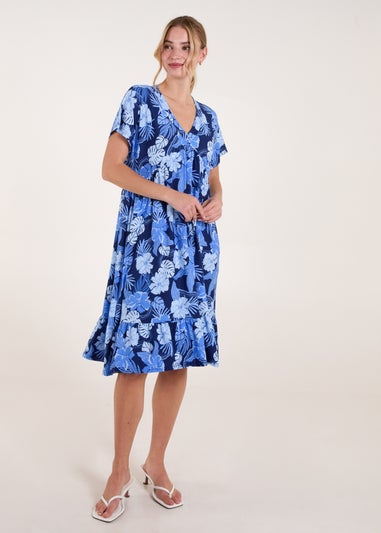 Blue Vanilla Blue Tropical V Neck Smock Style Tunic Dress