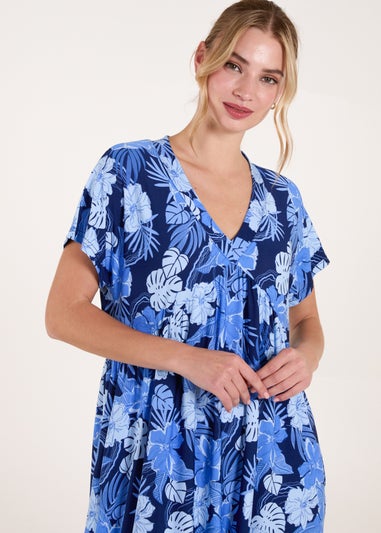 Blue Vanilla Blue Tropical V Neck Smock Style Tunic Dress