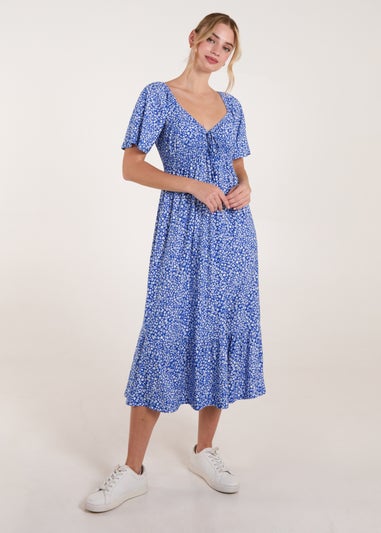 Blue Vanilla Blue Ditsy Floral Tie Front Shirred Waist Midi Dress