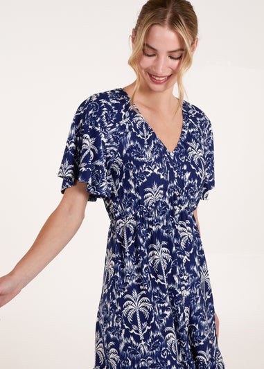 Blue Vanilla Navy Button Through Elastic Waist Tropical Mini Dress