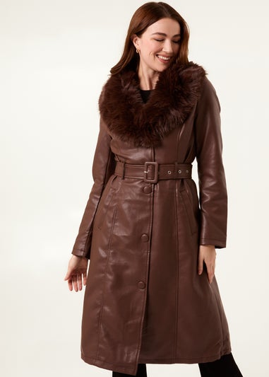 Blue Vanilla Chocolate Faux Fur PU Longline Coat