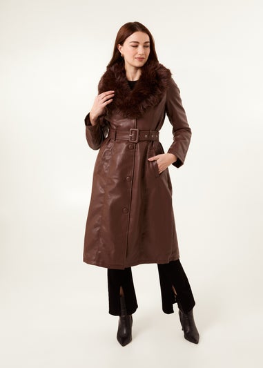 Blue Vanilla Chocolate Faux Fur PU Longline Coat
