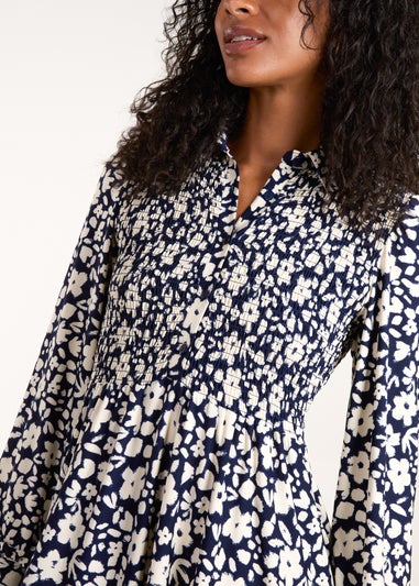 Blue Vanilla Navy Floral Shirred Midi Shirt Dress