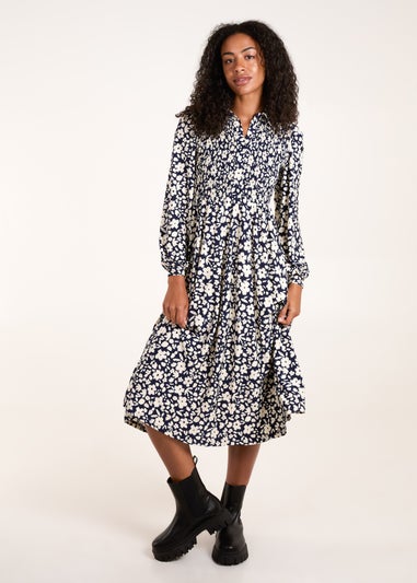 Blue Vanilla Navy Floral Shirred Midi Shirt Dress