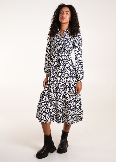 Blue Vanilla Navy Floral Shirred Midi Shirt Dress