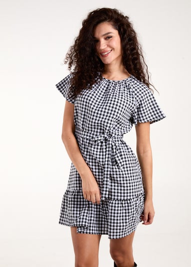 Blue Vanilla Black Gingham Belted Waist Mini Dress