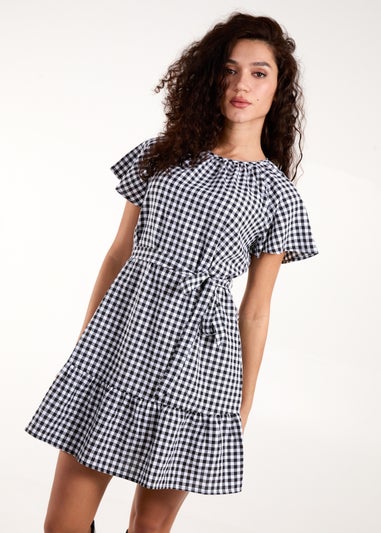 Blue Vanilla Black Gingham Belted Waist Mini Dress