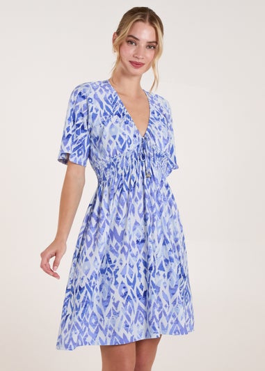 Blue Vanilla Blue Abstract Shirred Waist V Neck Dress