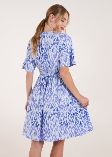 Blue Vanilla Blue Abstract Shirred Waist V Neck Dress