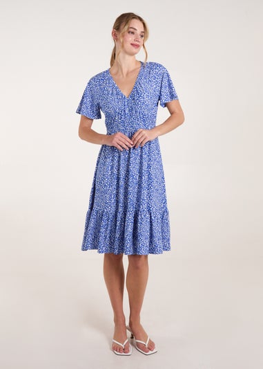 Blue Vanilla Blue Ditsy Printed Angel Sleeve Elasticated V Neck Dress