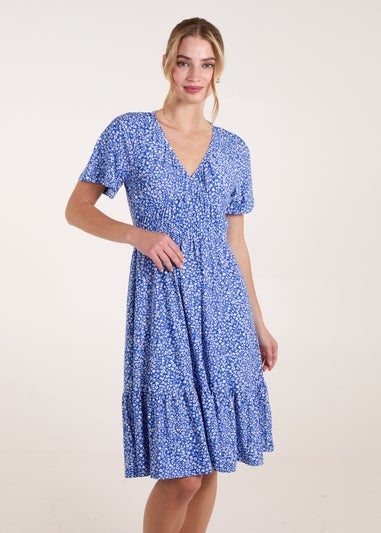 Blue Vanilla Blue Ditsy Printed Angel Sleeve Elasticated V Neck Dress