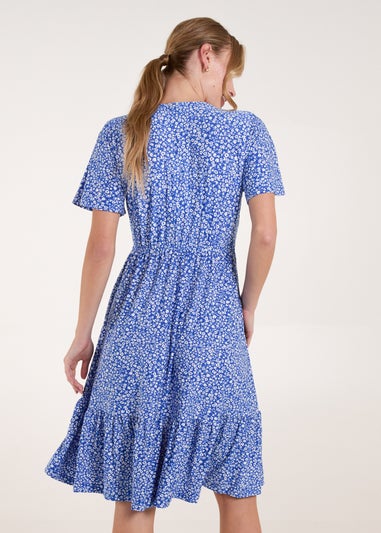 Blue Vanilla Blue Ditsy Printed Angel Sleeve Elasticated V Neck Dress