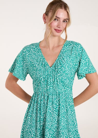 Blue Vanilla Green Ditsy Printed Angel Sleeve Elasticated V Neck Dress