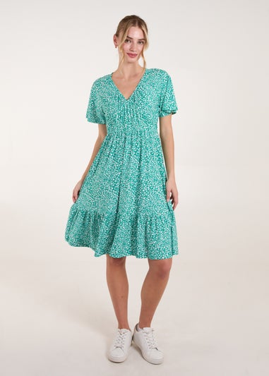 Blue Vanilla Green Ditsy Printed Angel Sleeve Elasticated V Neck Dress