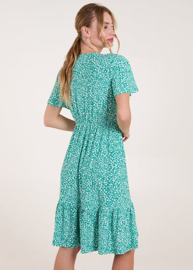 Blue Vanilla Green Ditsy Printed Angel Sleeve Elasticated V Neck Dress