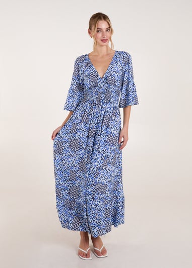 Blue Vanilla Blue Abstract Elasticated Neck Shirred Waist Maxi Dress