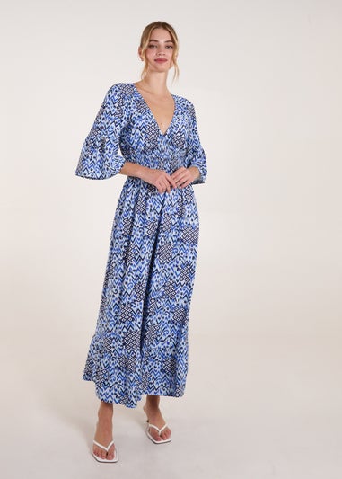 Blue Vanilla Blue Abstract Elasticated Neck Shirred Waist Maxi Dress