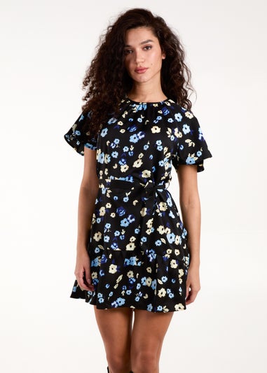 Blue Vanilla Black Tie Waist Floral Mini Dress