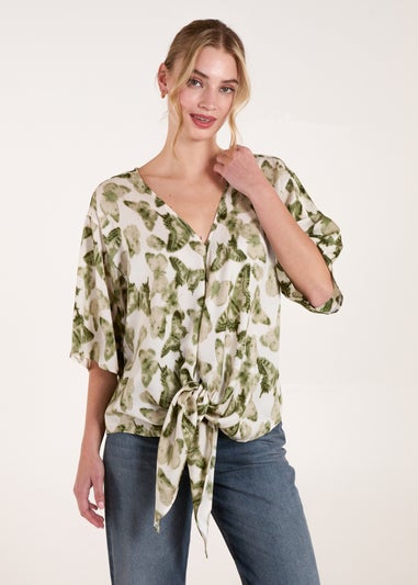 Blue Vanilla Green Tie Front Watercolour Butterfly Printed Top