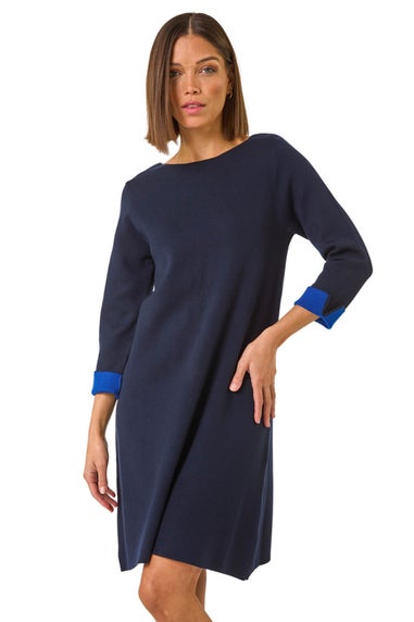 Roman Navy Contrast Sleeve Knitted Shift Dress