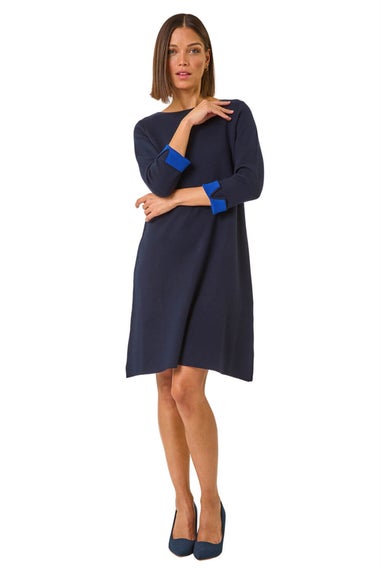 Roman Navy Contrast Sleeve Knitted Shift Dress