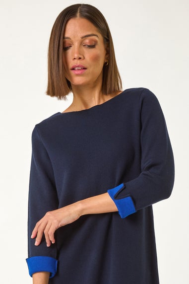 Roman Navy Contrast Sleeve Knitted Shift Dress