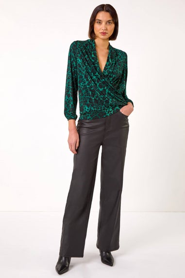 Roman Dark Green Animal Print Wrap Top