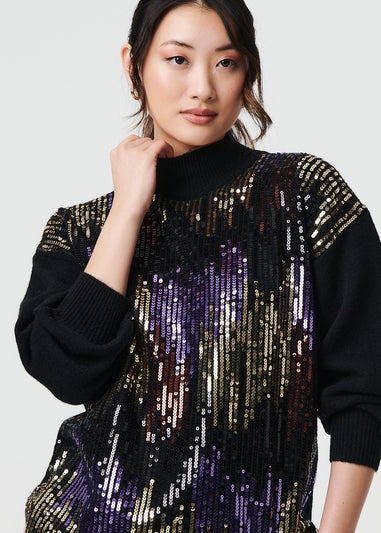 Izabel London Black Sequin Embellished Puff Sleeve Jumper