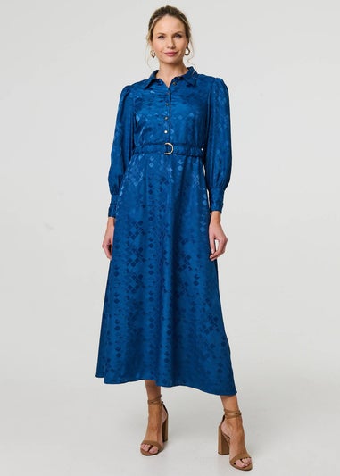 Izabel London Blue Metallic Puff Sleeve Maxi Shirt Dress