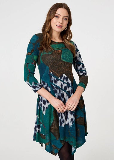 Izabel London Green Abstract Hanky Hem Midi Dress