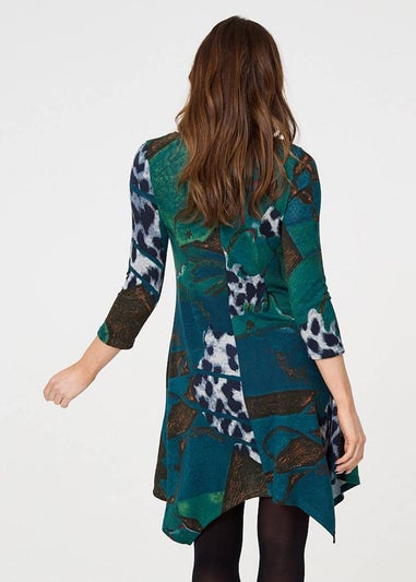 Izabel London Green Abstract Hanky Hem Midi Dress