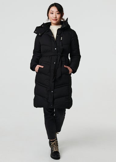 Izabel London Black Longline Padded Tie Waist Hooded Coat