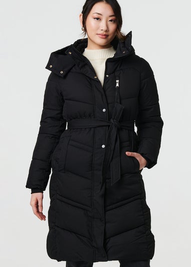 Izabel London Black Longline Padded Tie Waist Hooded Coat