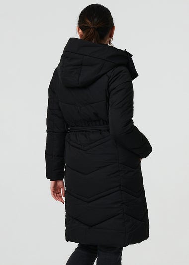 Izabel London Black Longline Padded Tie Waist Hooded Coat