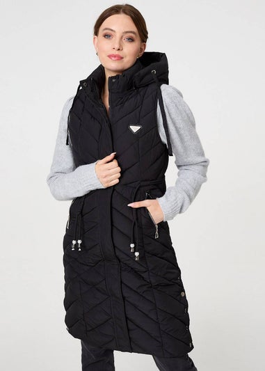 Izabel London Black Longline Adjustable Waist Hooded Gilet