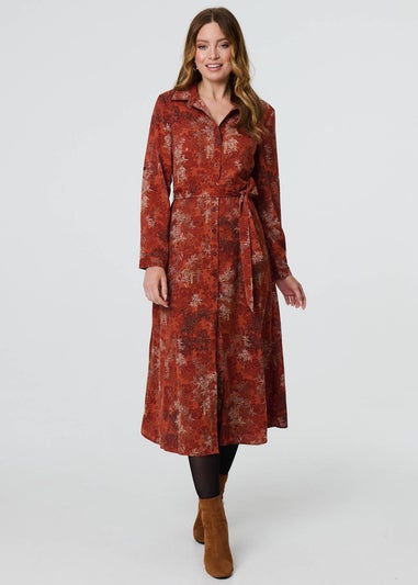 Izabel London Orange Leaf Print Tie Waist Midi Shirt Dress