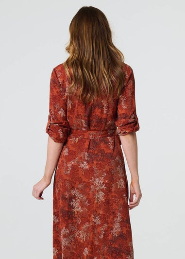 Izabel London Orange Leaf Print Tie Waist Midi Shirt Dress