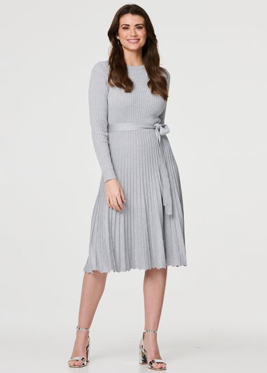 Izabel London Silver Pleated Tie Waist Ribbed Knit Midi Dress