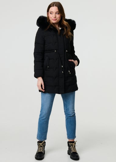 Izabel London Black Faux Fur Hooded Tie Waist Puffer Jacket