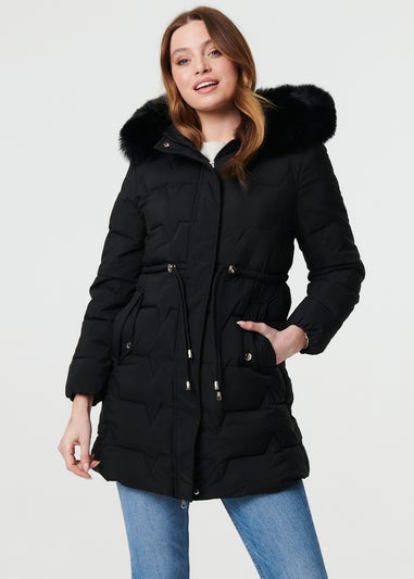 Izabel London Black Faux Fur Hooded Tie Waist Puffer Jacket