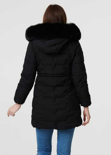 Izabel London Black Faux Fur Hooded Tie Waist Puffer Jacket